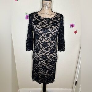 Alexia Admor Floral Black Lace Overlay Pullover Style Dress Sheer Sleeves Size S